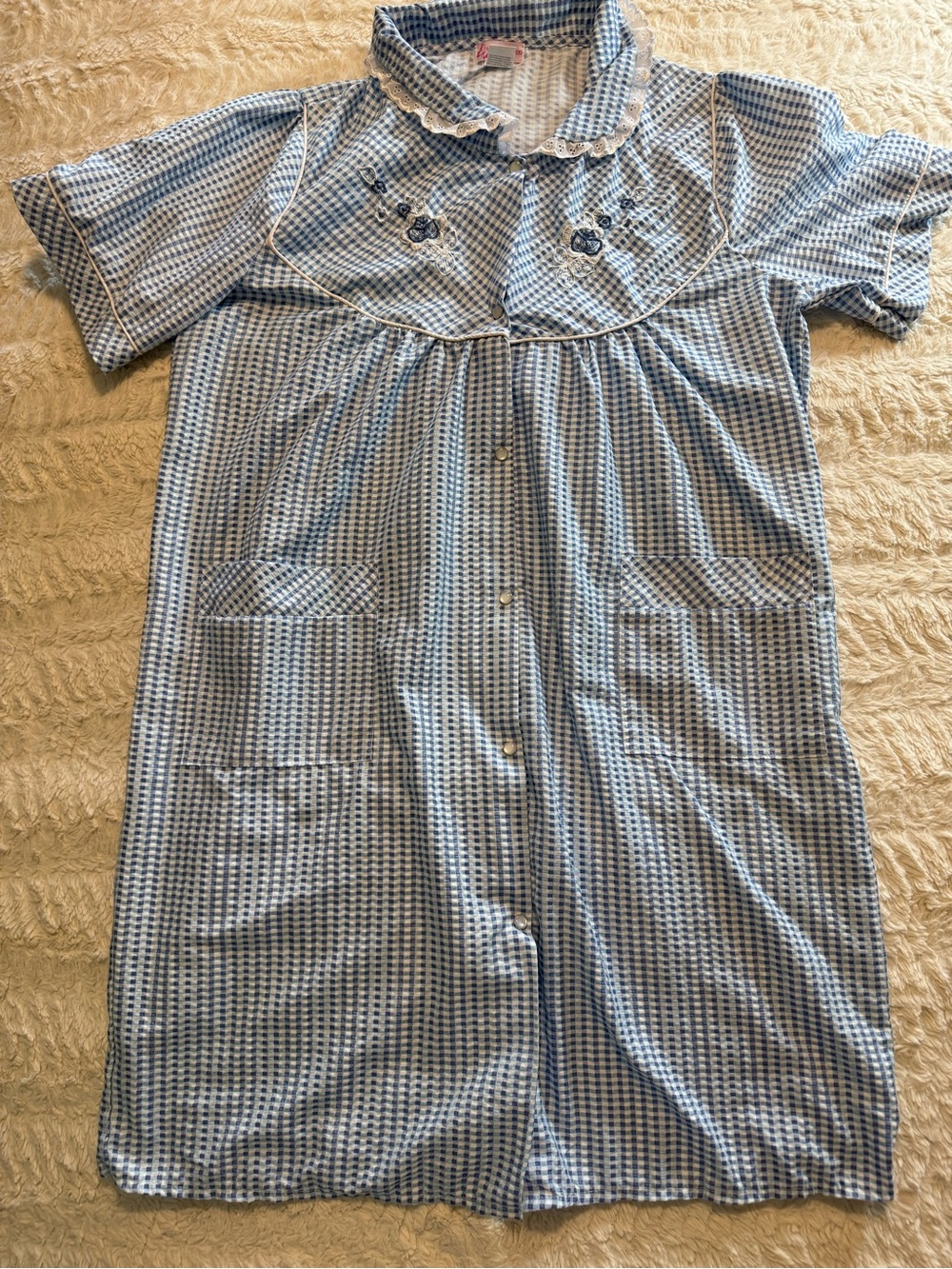 Vintage Toti Fashion Blue White Gingham Duster Housecoat Robe Dress Embroidered